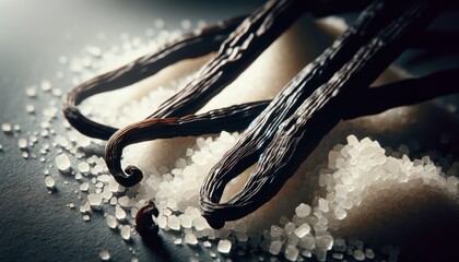 Macro shot of vanilla pods resting on a bed of granulated sugar, with a focus on the contrast between the dark, wrinkled texture of the vanilla pods.