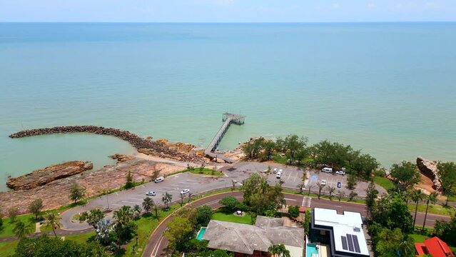 Aerial Drone of Nightcliff Jetty Darwin NT Australia on Coastline with Parkling lot