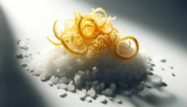 Close-up image of coarse sea salt crystals mixed with lemon zest on a white background.