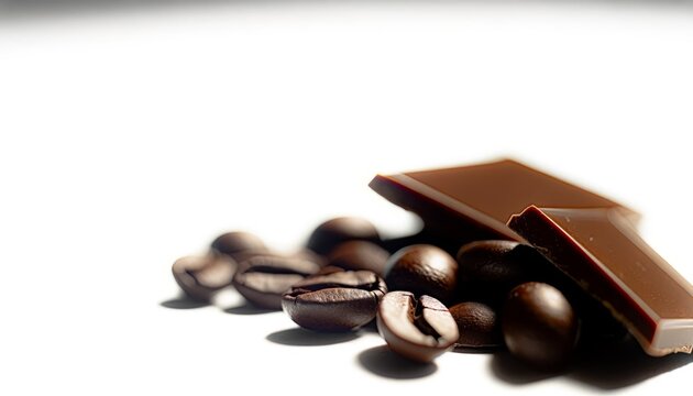 Close-up image of roasted coffee beans with dark chocolate pieces on a white background.