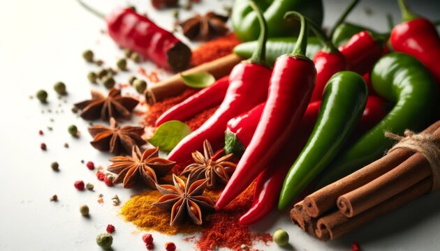 A close-up image of various red and green chili peppers amidst a scatter of whole spices like cinnamon sticks and star anise on a white background.