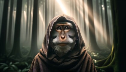 A medium shot of a wise old monkey wearing a monk's hood, meditating in a misty forest.