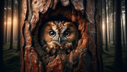 A close-up of an owl peeking through a hole in a tree. - obrazy, fototapety, plakaty