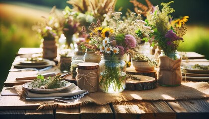 A rustic farm-to-table setting with natural wood elements, mason jars filled with wildflowers, and plates adorned with fresh herbs.