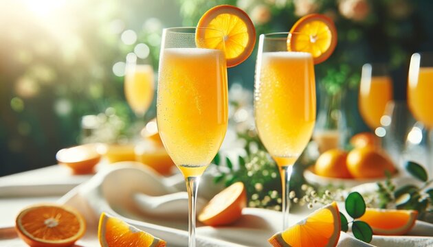 A close-up image of sparkling mimosa glasses with vibrant orange liquid, fresh orange slices on the rim, and bubbles rising to the surface.
