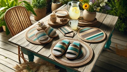 A set of woven placemats and coasters designed to match the slippers, perfect for a summer patio setting. - obrazy, fototapety, plakaty