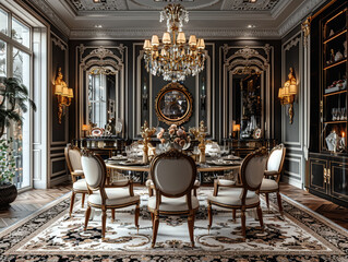 Fototapeta na wymiar Opulent dining room with a crystal chandelier and elegant table settingHyperrealistic