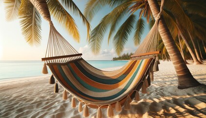 A cozy, woven hammock with stripes in a matching color palette of beige, brown, teal, and mustard yellow, suspended between two palm trees on a tropic. - Powered by Adobe
