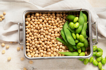 Soybeans on light cotton and wooden background. Vegan food concept.