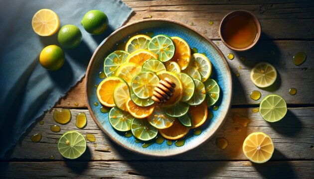 A top-down image of a citrus salad containing thin slices of limes, lemons, and oranges, with a honey drizzle on top, presented on a blue ceramic plat.