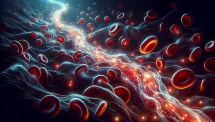 A microscopic view of blood cells in a glowing, flowing stream, capturing the dynamic movement of life within the bloodstream.