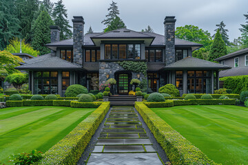 A classic mansion with large windows, ivy-covered walls and a green lawn on the front, captured in an ultrawide shot. Created with Ai