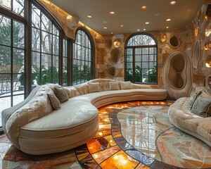 Art Nouveau inspired living room with organic lines and stained glasssuper detailed