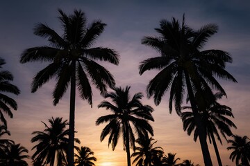 Palm tree silhouettes against sunset sky, tropical evening ambiance