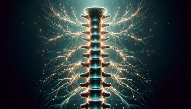 A cross-section of the spinal column with nerves lit up, emphasizing the central role of the spine in the nervous system.