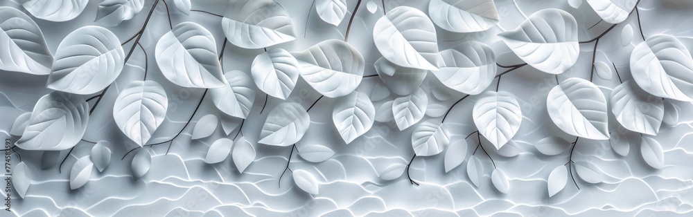 Wall mural geometric floral leaves on white tiles - panoramic ai background texture for banners