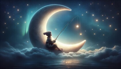 A little girl sitting on a crescent moon fishing for stars in the night sky.