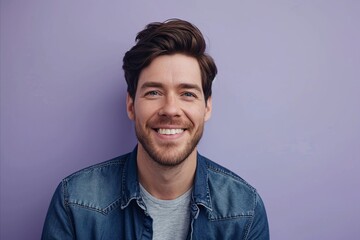 Portrait of a handsome young man smiling and looking at camera against purple background - obrazy, fototapety, plakaty
