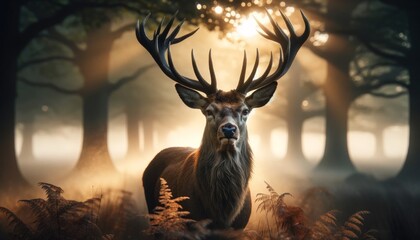 A regal stag with a full crown of antlers, standing in a misty woodland at dawn. - obrazy, fototapety, plakaty