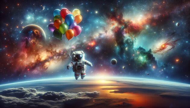 A child in an astronaut suit floating with colorful balloons against a backdrop of stars and nebulae in outer space.