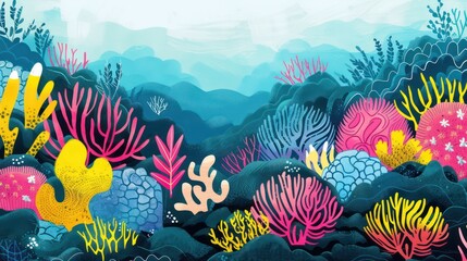 Fototapeta na wymiar Graphic design gouache artwork showcasing a tropical coral reef beneath the waves. 