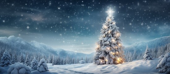 In a serene winter landscape, a majestic Christmas tree stands among snow-covered trees, adorned with a bright star above it