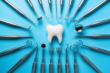 Photo Dental tools on silver background, dentist equipment close up