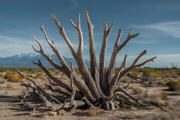 Perforated dead tree branch against stark desert backdrop in Mexico