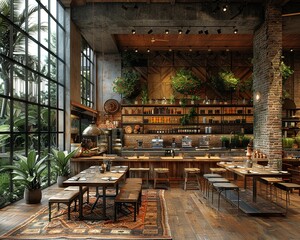 Farm-to-table restaurant interior with rustic decor and open kitchensuper detailed
