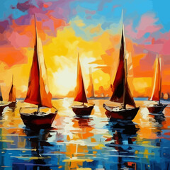 painting of sailboats at sea, bright colors, oil, large strokes - obrazy, fototapety, plakaty
