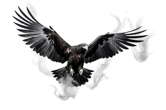 Image of an eagle is flying and black smoke before white background. Birds. Wildlife Animals.