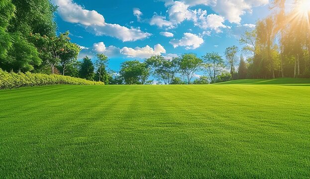 Beautiful wide-angle photo of a manicured country lawn amid trees and shrubs on a sunny summer day, showcasing the essence of spring and summer in nature. Made with generative AI technology.