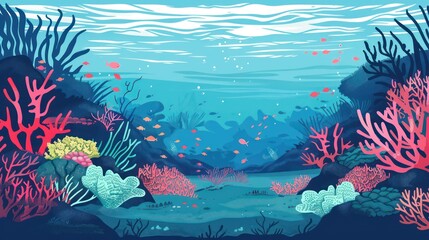 Fototapeta na wymiar Underwater scene of a tropical coral reef rendered in graphic design gouache. 