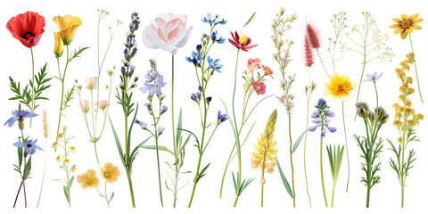 Wildflowers and herbs isolated on white background. Vector illustration. Clip art set. Watercolor. Hand draw vector. - obrazy, fototapety, plakaty