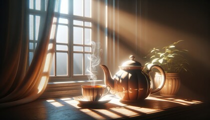 A cozy, intimate scene showing a teapot and a teacup on a sunlit windowsill. - obrazy, fototapety, plakaty