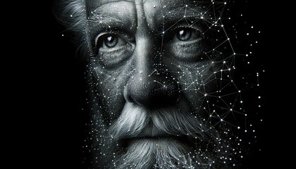 A dense constellation of silver dots and thin lines on a dark background creating the image of an elder man’s wise face. - obrazy, fototapety, plakaty
