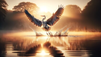 A heron taking flight from a rippling pond at sunrise, with warm sunlight casting a soft glow on the water. - obrazy, fototapety, plakaty