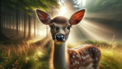 Imagine a detailed, close-up scene of a young deer in a sunlit forest clearing, with the early morning mist gently rising in the background. - obrazy, fototapety, plakaty