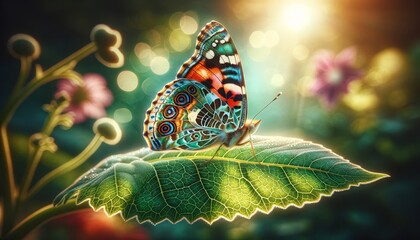 A serene close-up of a butterfly with detailed patterns on its wings, resting on a sunlit leaf with a tranquil garden background. - Powered by Adobe