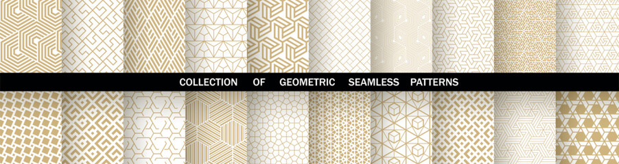 Geometric set of seamless gold and white patterns. Simple vector graphics - 774584355