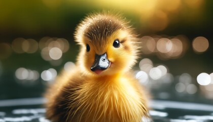 An endearing close-up of a duckling, its fluffy feathers damp and glistening, with a pond's surface softly blurred behind it. - obrazy, fototapety, plakaty