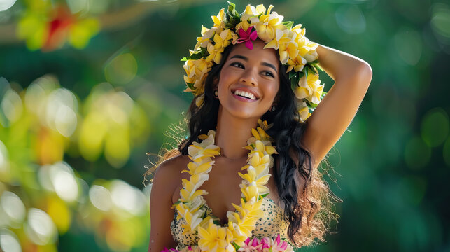 close up Hawaiian hula dancer typical of Tahiti with flower crown on her head and neck Ready to party. Lei day
