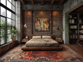 Contemporary loft bedroom with industrial accents and soft textilesHyperrealistic