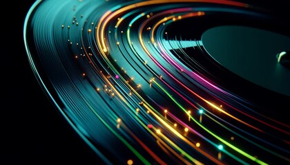 A close-up of the surface of a vinyl record with neon grooves and light particles traveling along the paths. - obrazy, fototapety, plakaty