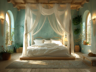 Romantic bedroom with soft lighting sheer curtains - obrazy, fototapety, plakaty