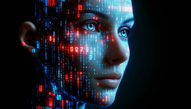 A close-up of a human face with digital code projected onto it, merging the concept of identity with digital data.