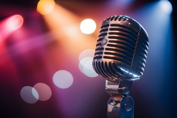Picture Retro microphone on stage with bokeh background, close up photo