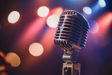 Picture Retro microphone on stage with bokeh background, close up photo
