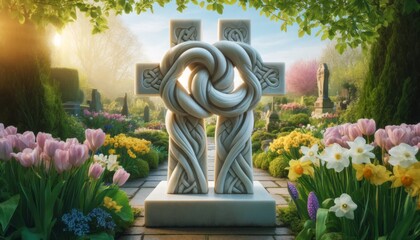 A pair of intertwined crosses carved from marble, standing at the entrance of a peaceful garden blooming with spring flowers. - obrazy, fototapety, plakaty