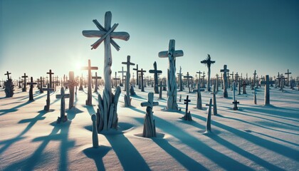 An array of variously sized crosses made from driftwood, standing on a snowy hill with a clear blue sky above. - obrazy, fototapety, plakaty